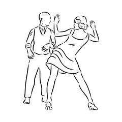 Couple in love dancing and having fun, hand drawn outline illustration. swing dance. vector