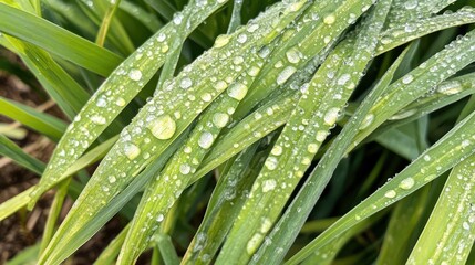 Sparkling water droplets on fresh green grass blades, captured in a detailed close-up showcasing nature's charm