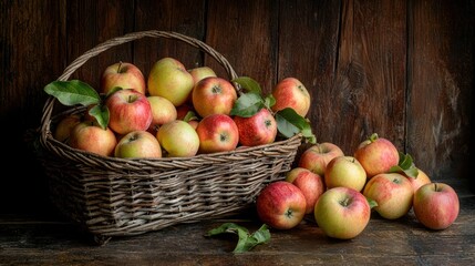 A pile of freshly picked apples arranged in a rustic basket, with a few apples scattered on a wooden table