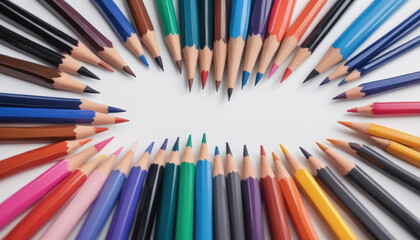 Fototapeta premium Colorful Pencils Arranged in a Circular Pattern on White Background