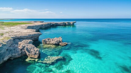 Fototapeta premium Stunning aerial view of a rocky jetty extending into vibrant turquoise waters under a clear blue sky