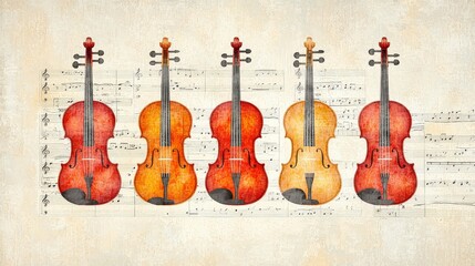 Naklejka premium Colorful Illustration of Vintage Violins on Sheet Music Background for Music-Themed Art and Decor