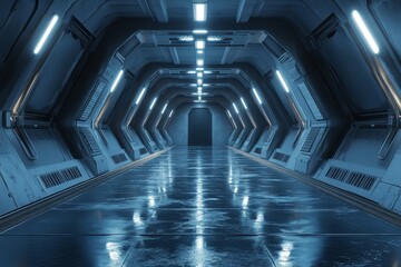 Futuristic spaceship corridor with glowing blue lights and reflective floor.