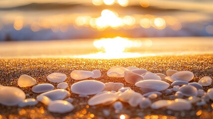 Obraz premium Sea Glass on Golden Sandy Beach at Sunset