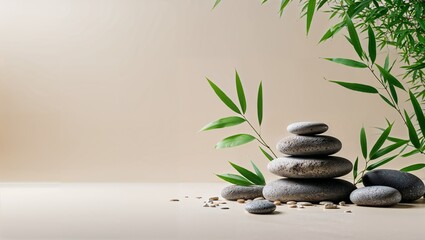 静物として描かれる温泉石と竹の葉がリラクゼーションと癒しを表現. 生成AI