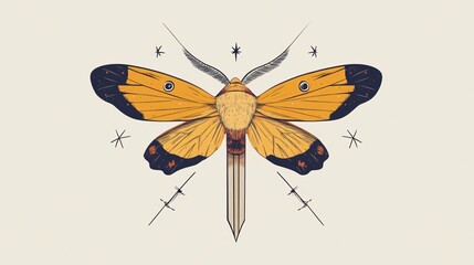 Golden Moth Vintage Illustration | Celestial Insect Art | Detailed Wings | Decorative Design