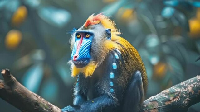 video of A Mandrill (Mandrillus sphinx) sitting on a tree branch in a dark tropical forest. Detailed portrait of the monkey in its natural habitat. 