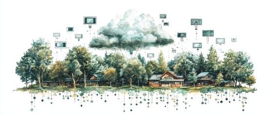 Elevated Views of Smart Offices Watercolor Illustration of IoT-Integrated Urban Workspaces