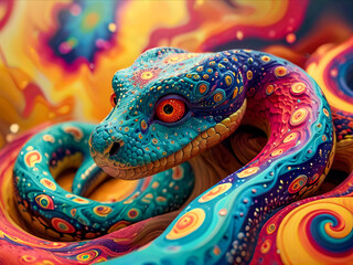 Snake in fractals and swirls of colorful psychedelic art