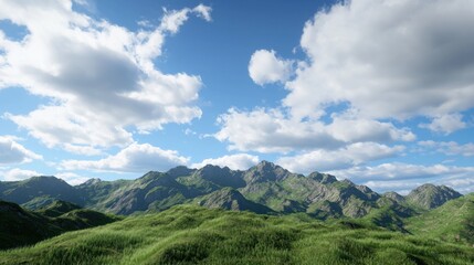 Fototapeta premium Scenic view of mountains under a bright blue sky with clouds.