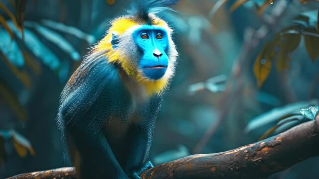 video of A Mandrill (Mandrillus sphinx) sitting on a tree branch in a dark tropical forest. Detailed portrait of the monkey in its natural habitat. 