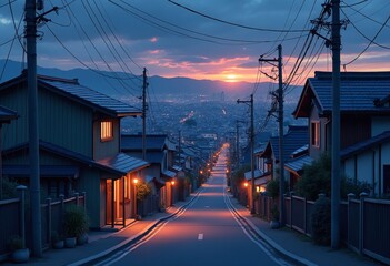 A beautiful japanese Tokyo city town in the evening. houses at the street. anime comics artstyle. cozy lofi asian architecture