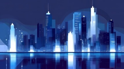 Obraz premium Vibrant city skyline at night with luminous buildings reflecting in calm waters.