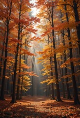 Obraz premium Autumn Sunlight Illuminates Golden Forest Path