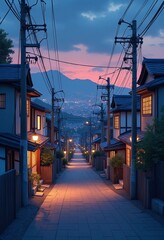 Fototapeta premium A beautiful japanese Tokyo city town in the evening. houses at the street. anime comics artstyle. cozy lofi asian architecture