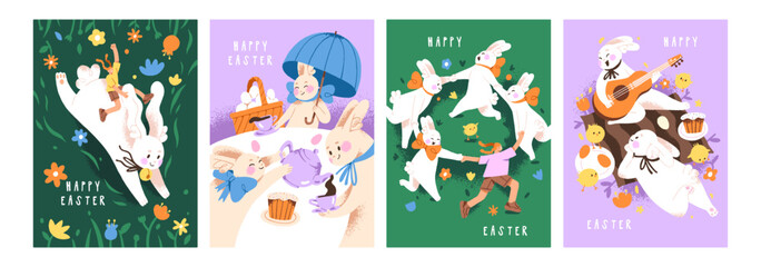 Fototapeta premium Designs of Easter card set. Templates of greeting postcards with cute paschal bunnies, eggs. Funny rabbits, happy hares have fun, round dance on meadow, celebrate holiday. Flat vector illustrations