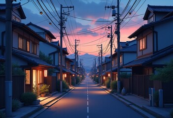 Fototapeta premium A beautiful japanese Tokyo city town in the evening. houses at the street. anime comics artstyle. cozy lofi asian architecture