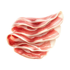 Slices of raw bacon Pancetta with fat marbling, neatly stacked, isolated on white transparent background. Concept of cooking and food preparation