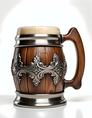 Old-world wooden and metal beer mug with a raised, decorative design on the body. Generative AI