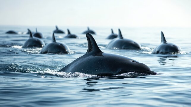 A pod of pilot whales swimming together in the open sea.
