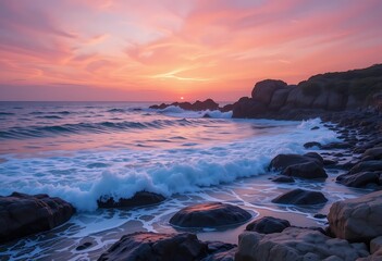 Fototapeta premium Pink Sunset Waves Crashing Rocky Coastline