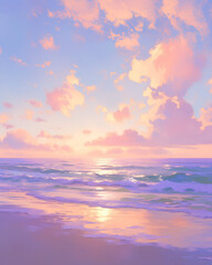 Obraz premium sunset paints the ocean in shades of pink and blue, captured in a soft and dreamy oil painting