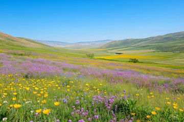 Obraz premium A vibrant meadow full of colorful wildflowers swaying gently in the breeze under a clear blue sky