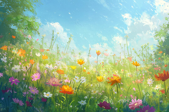A vibrant meadow full of colorful wildflowers swaying gently in the breeze under a clear blue sky