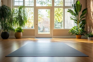 Sunlit yoga studio with mat, plants, hardwood floor, and large windows.