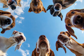 Curious dogs various breeds looking down at camera against bright blue sky. Funny animals