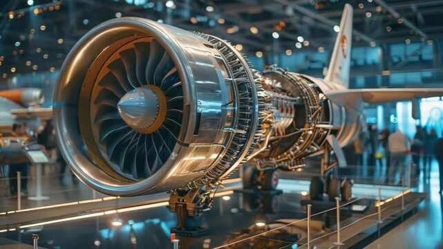 video of Turbine Engine Profile: Aviation Technologies. Detailed display of an aircraft jet engine at the exposition	