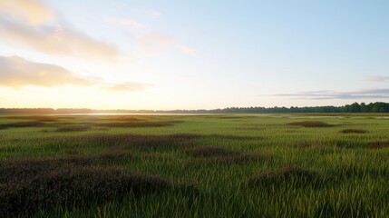 Obraz premium Serene landscape at sunrise with lush green fields and gentle light.