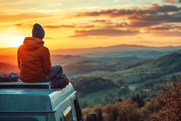 Woman sitting on camper van and looking at scenic sunset over rolling hills during road trip. Solo traveler enjoying freedom and tranquility