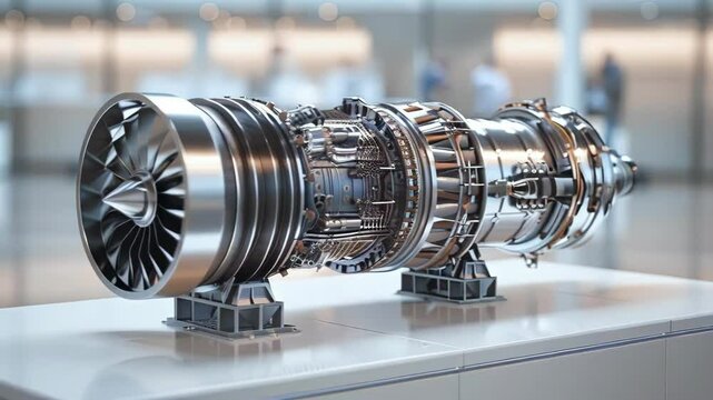 video of Turbine Engine Profile: Aviation Technologies. Detailed display of an aircraft jet engine at the exposition	