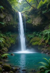 Fototapeta premium Serene Waterfall Cascading Through Lush Green Forest