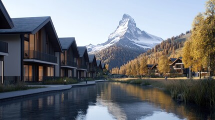 Fototapeta premium Scenic view of modern houses by a river with a mountain backdrop.