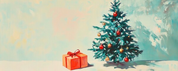 Christmas tree, gift box, and ornament on a light background
