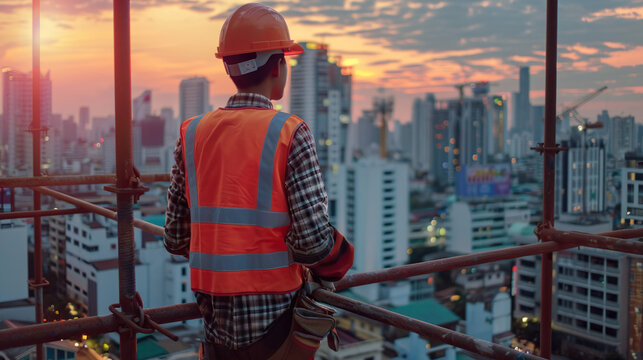 Construction worker wearing hard hat and safety vest standing on scaffolding against a blurred cityscape background, highlighting worker conditions, safety measures, and urban construction dynamics in