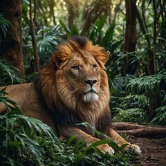 A lion resting in a vibrant tropical rainforest.