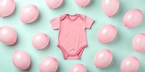 Mockup of a pink baby onesie surrounded by soft pink balloons on a pastel green background. Ideal for baby product branding and social media presentations.