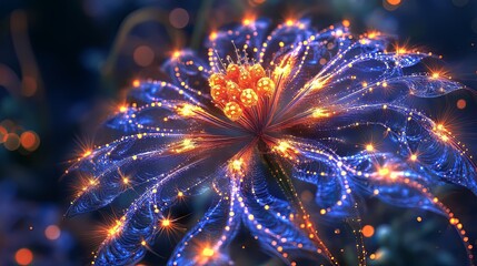 A stunning blue and orange luminous flower in a fantastical setting.
