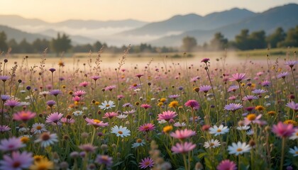 Naklejka premium Sunrise illuminates a vibrant wildflowers meadow landscape