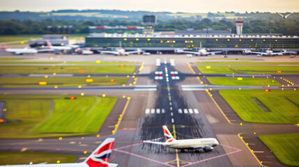  Aerial view of bustling airport runway at dusk with illuminated runway lights and blurred planes taking off and landing, capturing the essence of airport noise and dynamic aviation activity in a vibr