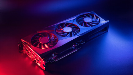 Modern video card for a powerful gaming computer on a dark background.