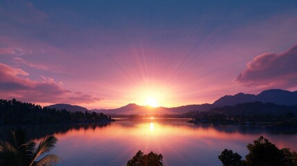 Naklejka premium Serene sunset over a tranquil lake, reflecting mountains and clouds.