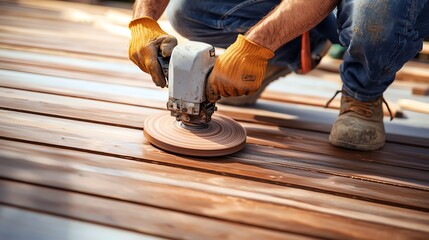 A skilled worker uses a sander on freshly installed wooden flooring, showcasing craftsmanship and attention to detail.