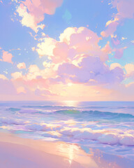 Fototapeta premium dreamlike sunset on a tranquil beach, clouds painted in soft pink and purple hues reflecting on the ocean