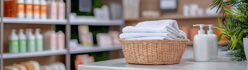A serene display of neatly folded towels and skincare products in a modern spa or beauty shop environment.