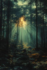 Obraz premium Sunbeams Illuminate a Mystical Forest Path
