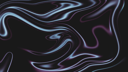 Fototapeta premium Black dark abstract background with flowing iridescent blue and purple neon liquid waves. Smooth and wavy holographic gradient effect with a luminous and futuristic glow